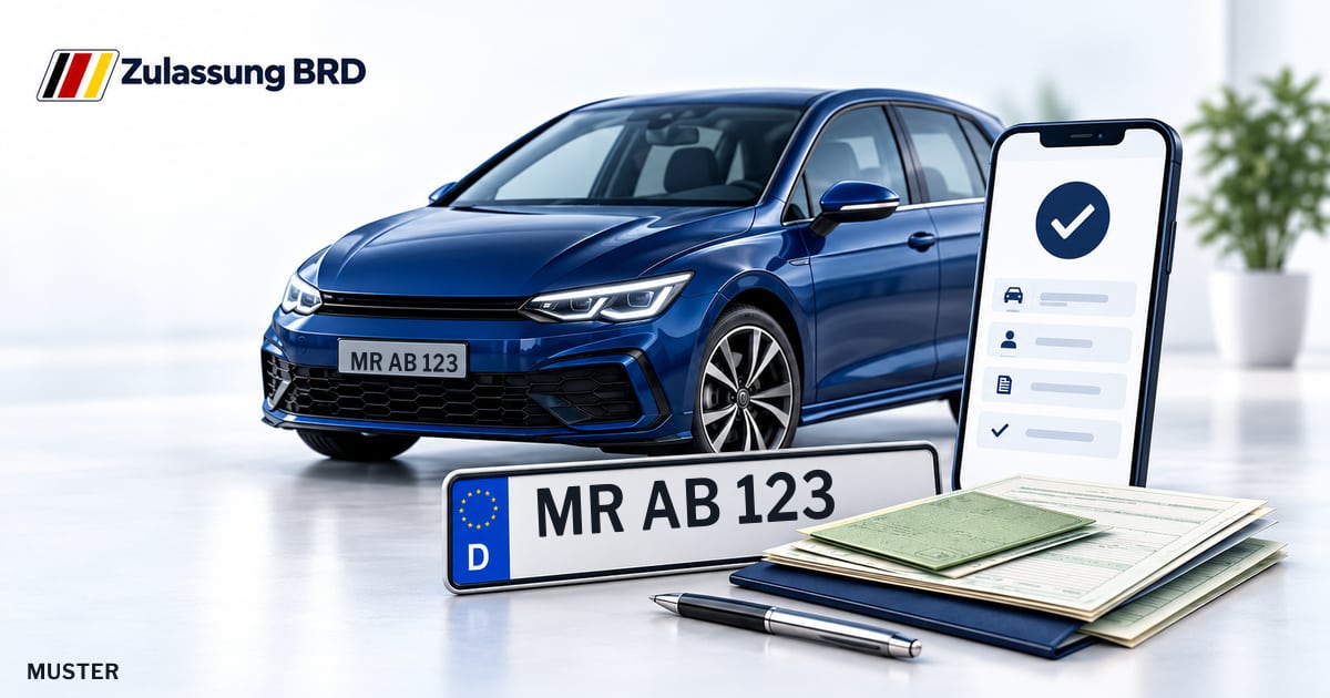 Online Fahrzeugzulassung in Weimar (Lahn): Musterkennzeichen MR AB 123, Auto und Fahrzeugpapiere und Smartphone. Illustration mit Logo von Zulassung BRD.